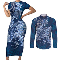 Navy Blue Polynesia Hammerhead Shark Tattoo With Plumeria Lei Couples Matching Short Sleeve Bodycon Dress and Long Sleeve Button Shirt LT14 Navy Blue - Polynesian Pride