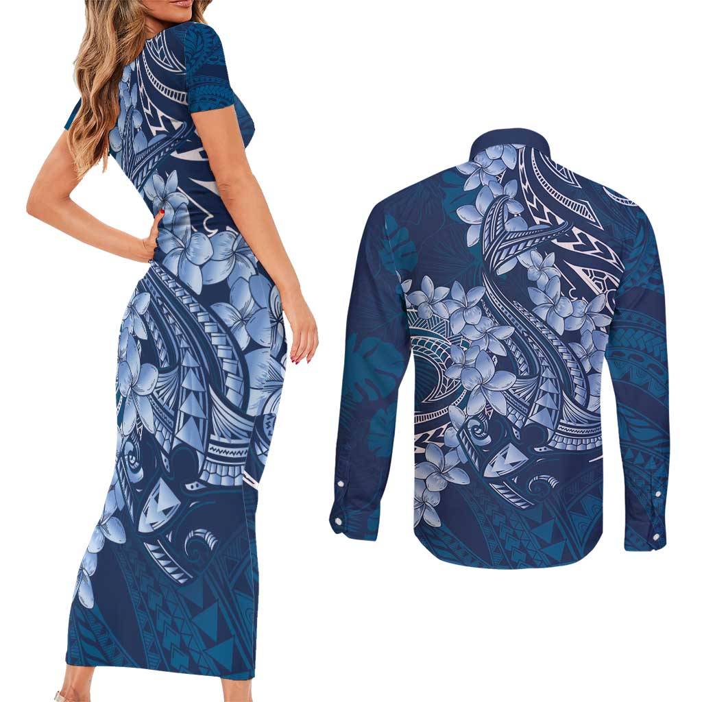 Navy Blue Polynesia Hammerhead Shark Tattoo With Plumeria Lei Couples Matching Short Sleeve Bodycon Dress and Long Sleeve Button Shirt LT14 - Polynesian Pride