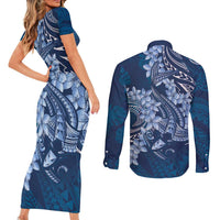 Navy Blue Polynesia Hammerhead Shark Tattoo With Plumeria Lei Couples Matching Short Sleeve Bodycon Dress and Long Sleeve Button Shirt LT14 - Polynesian Pride