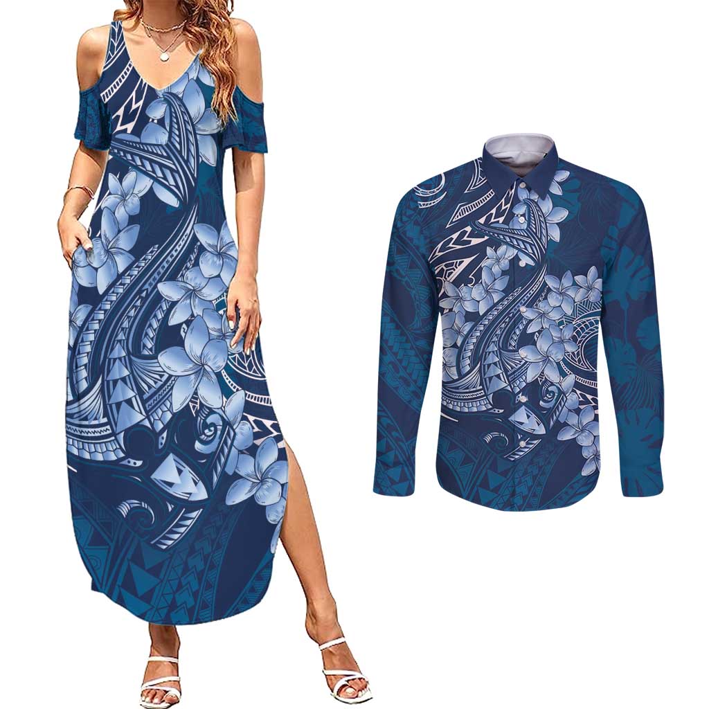 Navy Blue Polynesia Hammerhead Shark Tattoo With Plumeria Lei Couples Matching Summer Maxi Dress and Long Sleeve Button Shirt