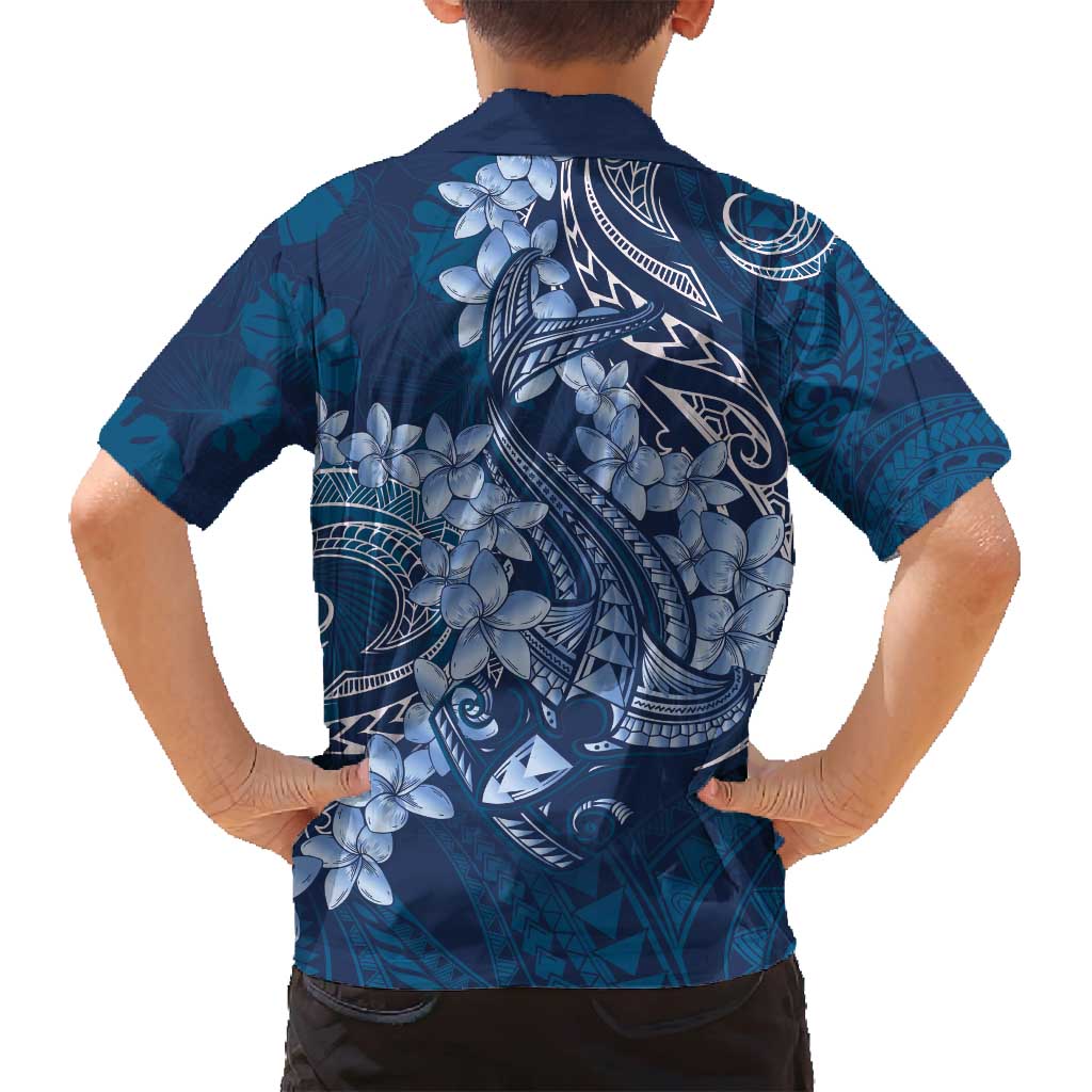 Navy Blue Polynesia Hammerhead Shark Tattoo With Plumeria Lei Family Matching Long Sleeve Bodycon Dress and Hawaiian Shirt LT14 - Polynesian Pride