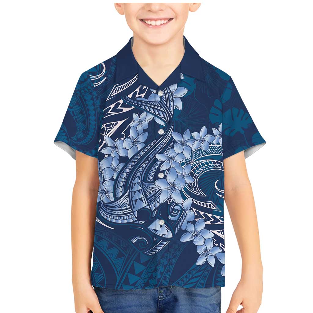 Navy Blue Polynesia Hammerhead Shark Tattoo With Plumeria Lei Family Matching Mermaid Dress and Hawaiian Shirt LT14 Son's Shirt Navy Blue - Polynesian Pride