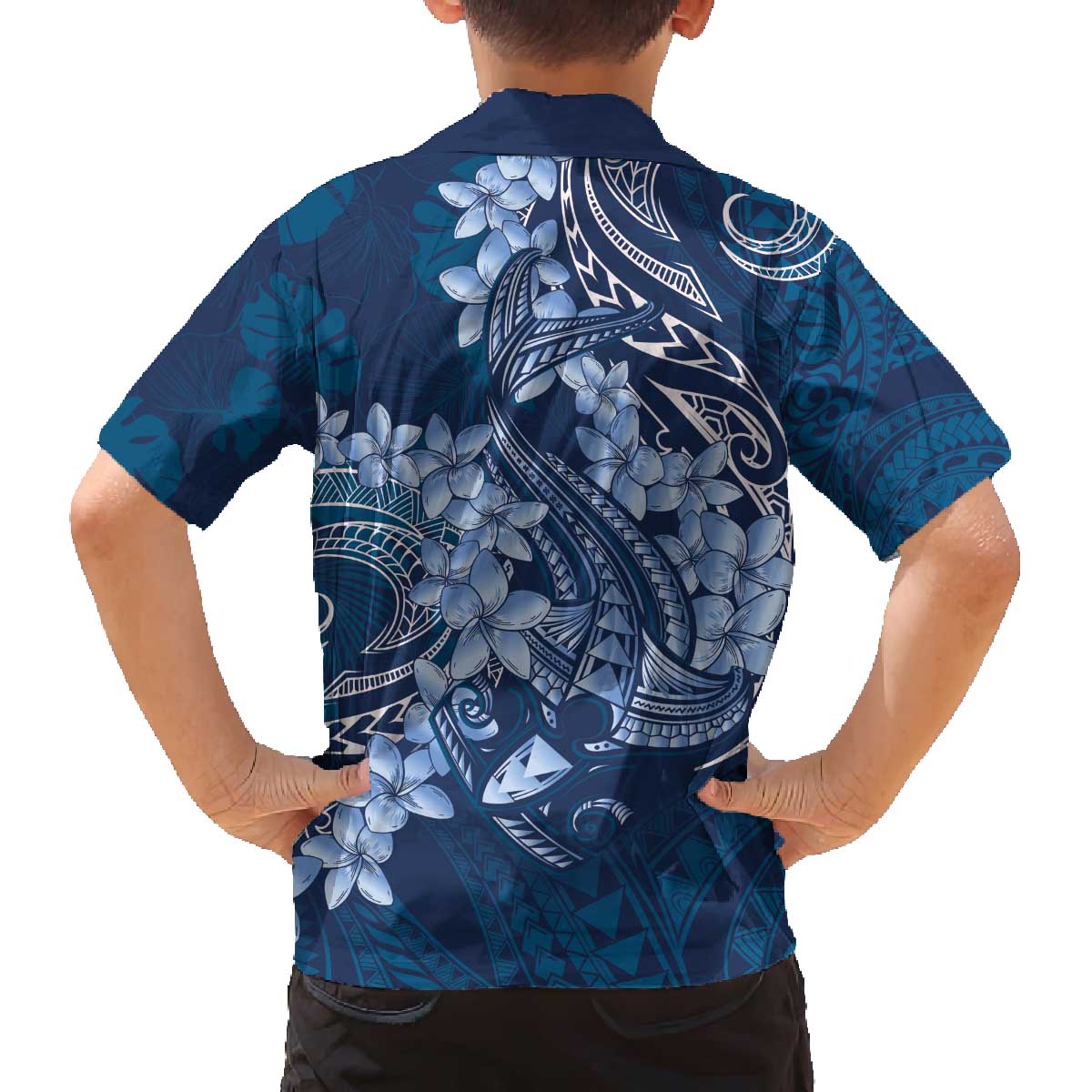 Navy Blue Polynesia Hammerhead Shark Tattoo With Plumeria Lei Family Matching Off The Shoulder Long Sleeve Dress and Hawaiian Shirt LT14 - Polynesian Pride