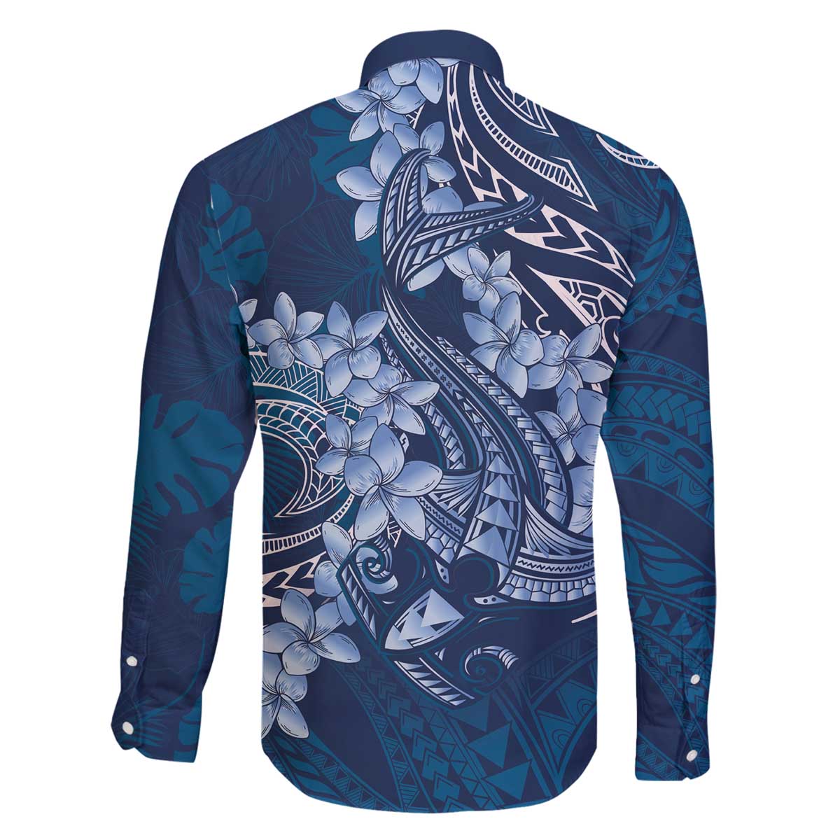 Navy Blue Polynesia Hammerhead Shark Tattoo With Plumeria Lei Family Matching Off The Shoulder Long Sleeve Dress and Hawaiian Shirt LT14 - Polynesian Pride