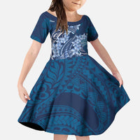 Navy Blue Polynesia Hammerhead Shark Tattoo With Plumeria Lei Family Matching Off Shoulder Maxi Dress and Hawaiian Shirt
