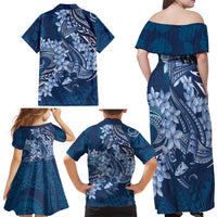 Navy Blue Polynesia Hammerhead Shark Tattoo With Plumeria Lei Family Matching Off Shoulder Maxi Dress and Hawaiian Shirt