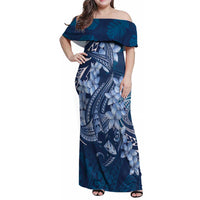 Navy Blue Polynesia Hammerhead Shark Tattoo With Plumeria Lei Family Matching Off Shoulder Maxi Dress and Hawaiian Shirt