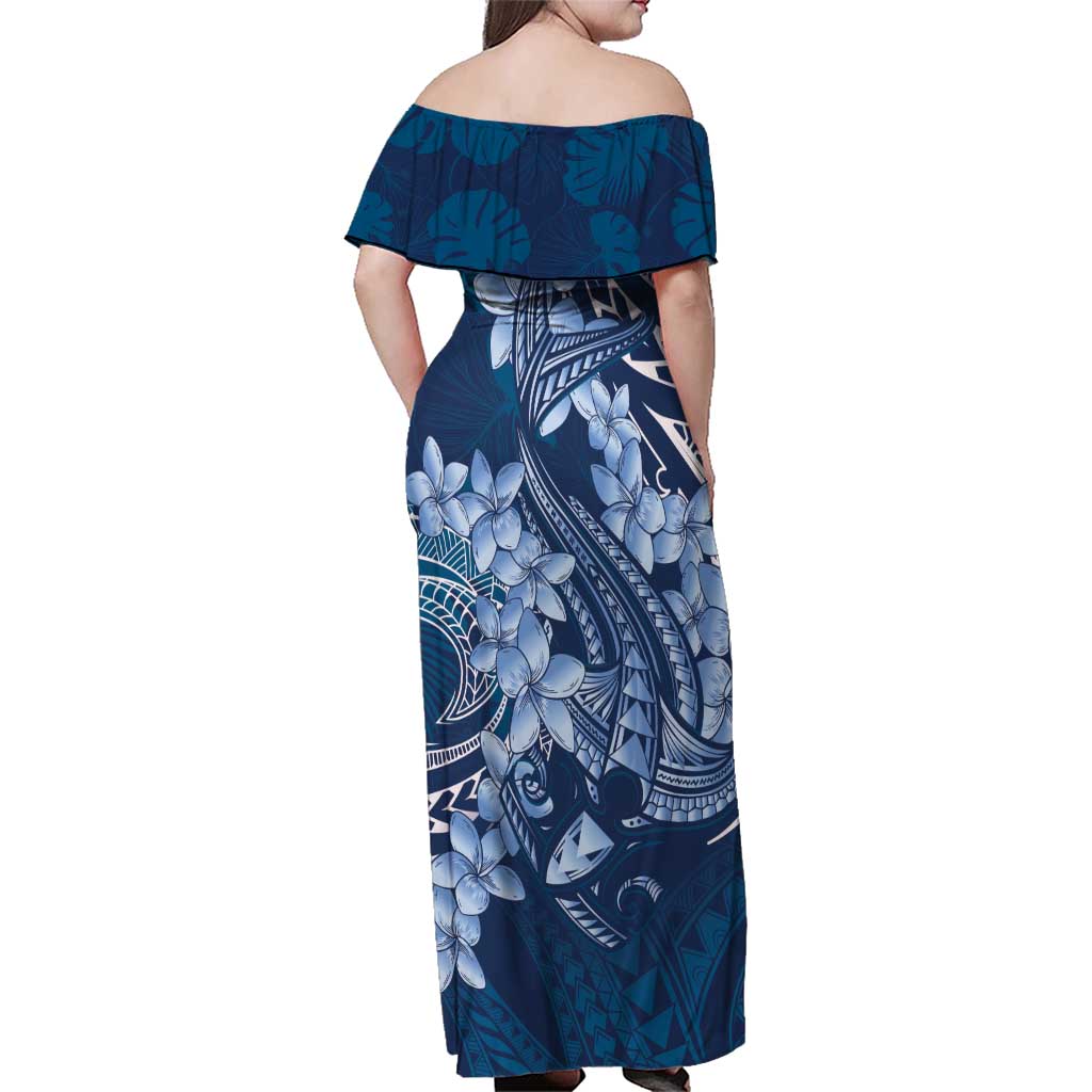 Navy Blue Polynesia Hammerhead Shark Tattoo With Plumeria Lei Family Matching Off Shoulder Maxi Dress and Hawaiian Shirt