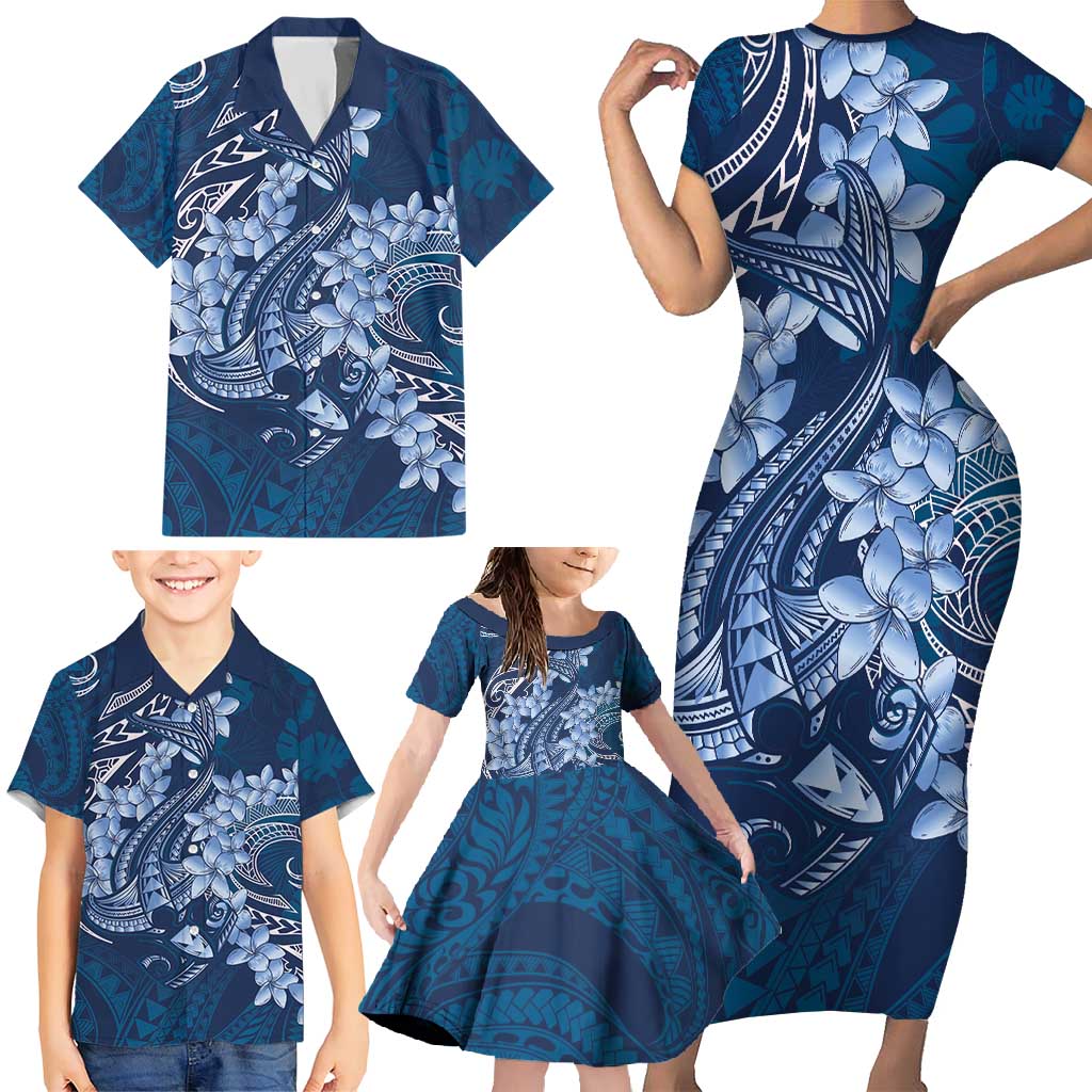Navy Blue Polynesia Hammerhead Shark Tattoo With Plumeria Lei Family Matching Short Sleeve Bodycon Dress and Hawaiian Shirt LT14 - Polynesian Pride