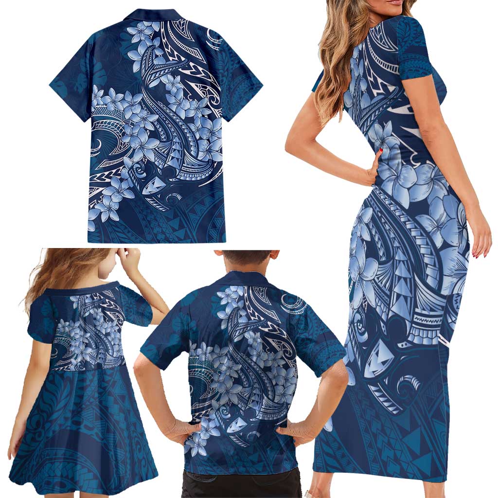 Navy Blue Polynesia Hammerhead Shark Tattoo With Plumeria Lei Family Matching Short Sleeve Bodycon Dress and Hawaiian Shirt LT14 - Polynesian Pride