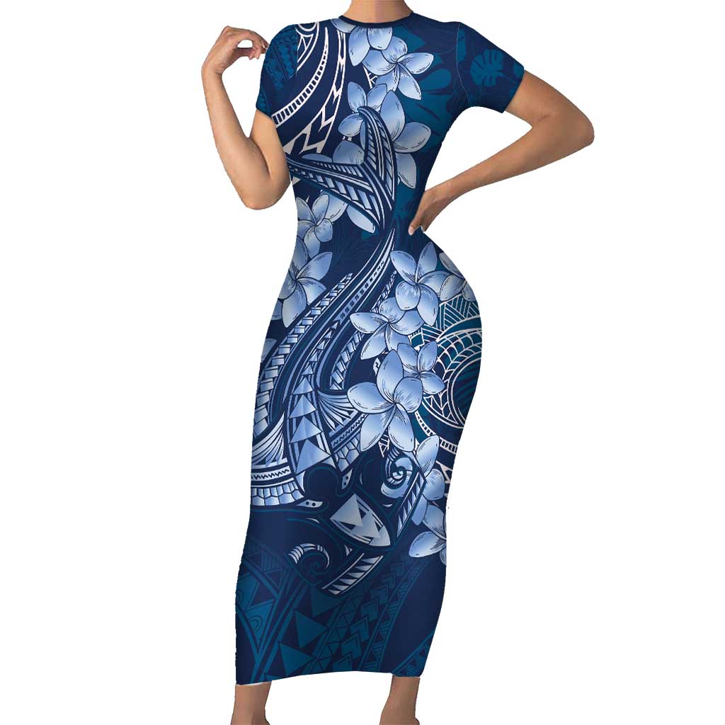 Navy Blue Polynesia Hammerhead Shark Tattoo With Plumeria Lei Family Matching Short Sleeve Bodycon Dress and Hawaiian Shirt LT14 Mom's Dress Navy Blue - Polynesian Pride