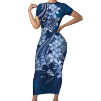 Navy Blue Polynesia Hammerhead Shark Tattoo With Plumeria Lei Family Matching Short Sleeve Bodycon Dress and Hawaiian Shirt LT14 Mom's Dress Navy Blue - Polynesian Pride