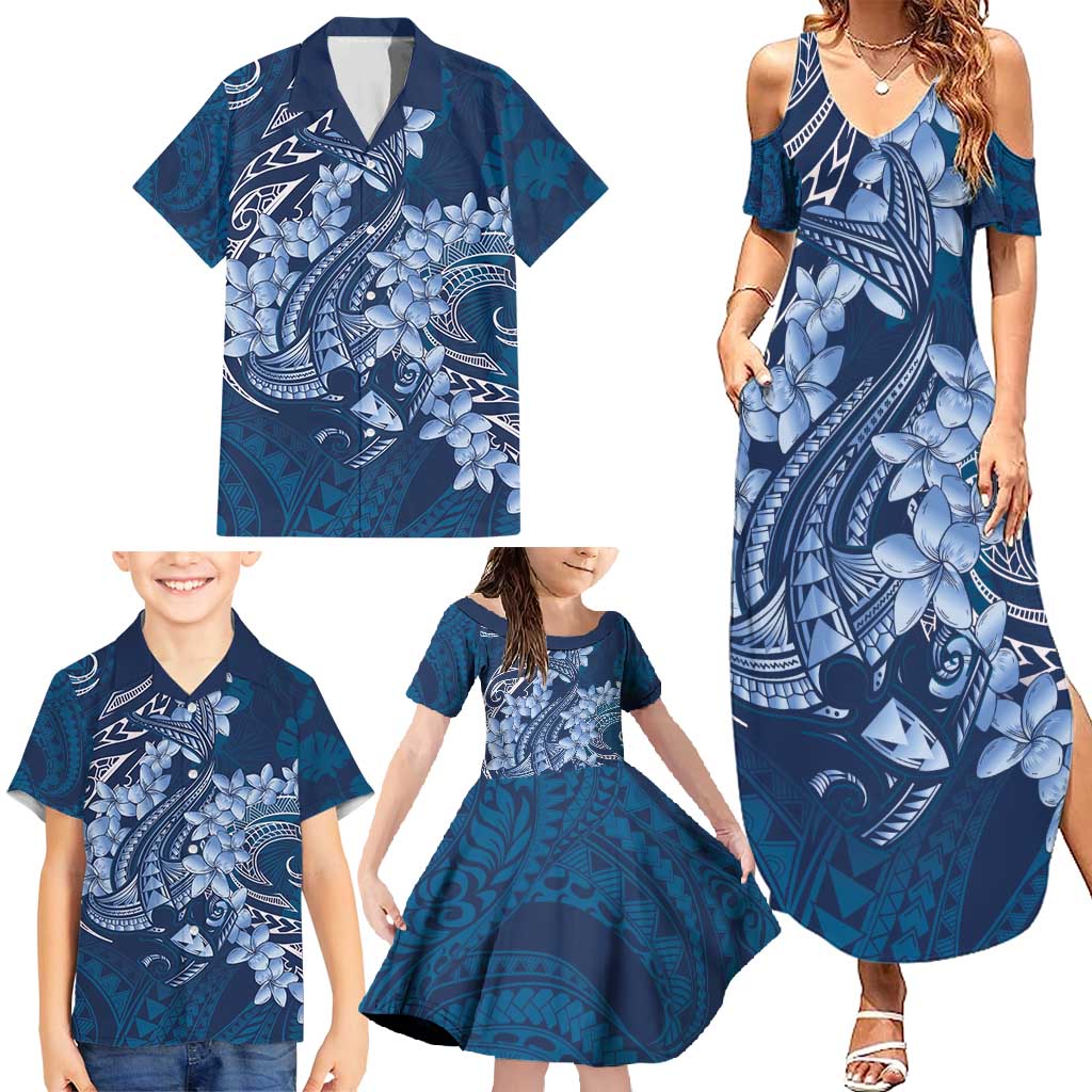 Navy Blue Polynesia Hammerhead Shark Tattoo With Plumeria Lei Family Matching Summer Maxi Dress and Hawaiian Shirt