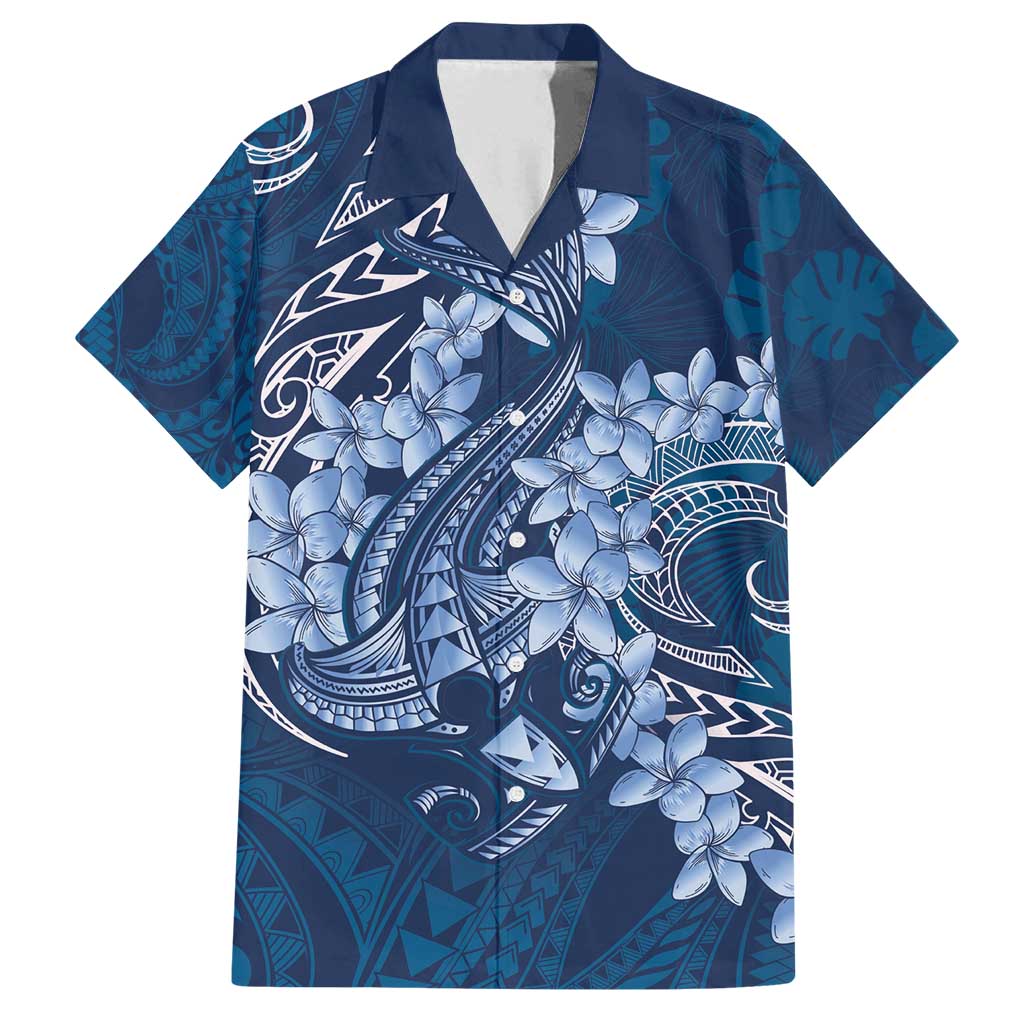 Navy Blue Polynesia Hammerhead Shark Tattoo With Plumeria Lei Family Matching Tank Maxi Dress and Hawaiian Shirt