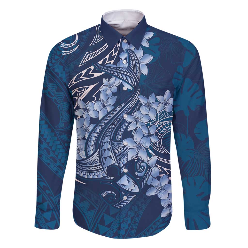 Navy Blue Polynesia Hammerhead Shark Tattoo With Plumeria Lei Family Matching Tank Maxi Dress and Hawaiian Shirt