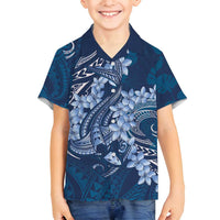 Navy Blue Polynesia Hammerhead Shark Tattoo With Plumeria Lei Family Matching Tank Maxi Dress and Hawaiian Shirt