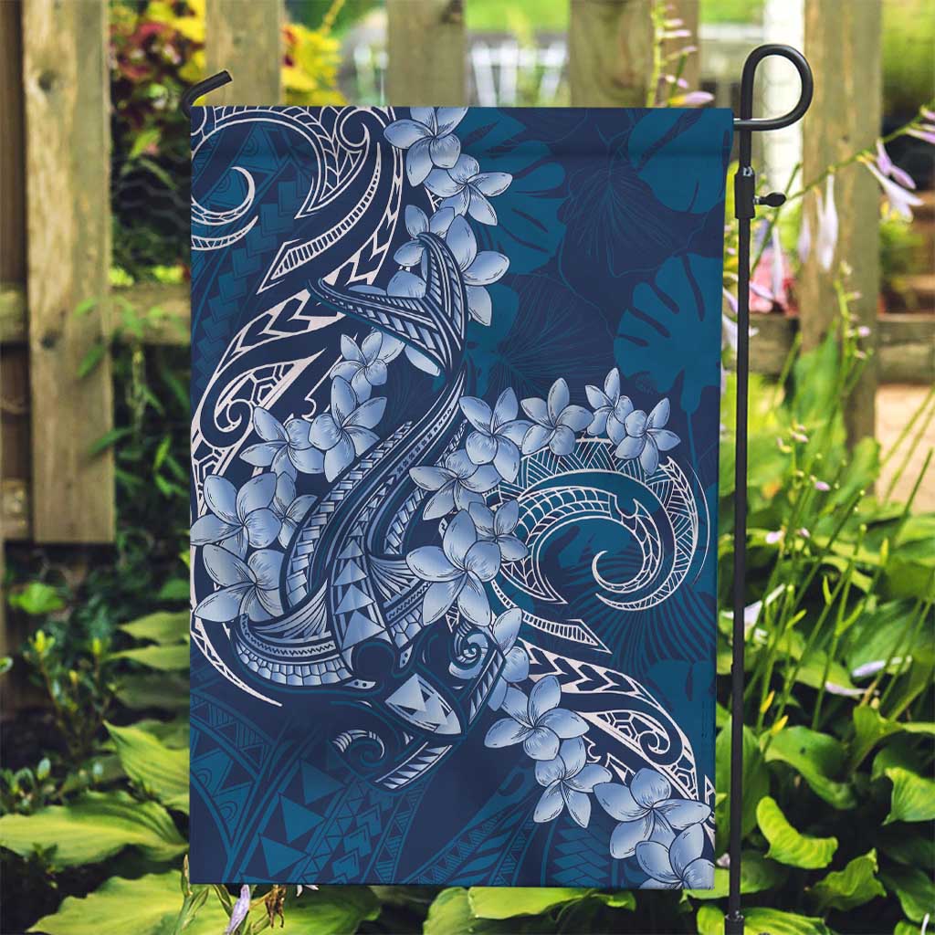 Navy Blue Polynesia Hammerhead Shark Tattoo With Plumeria Lei Garden Flag