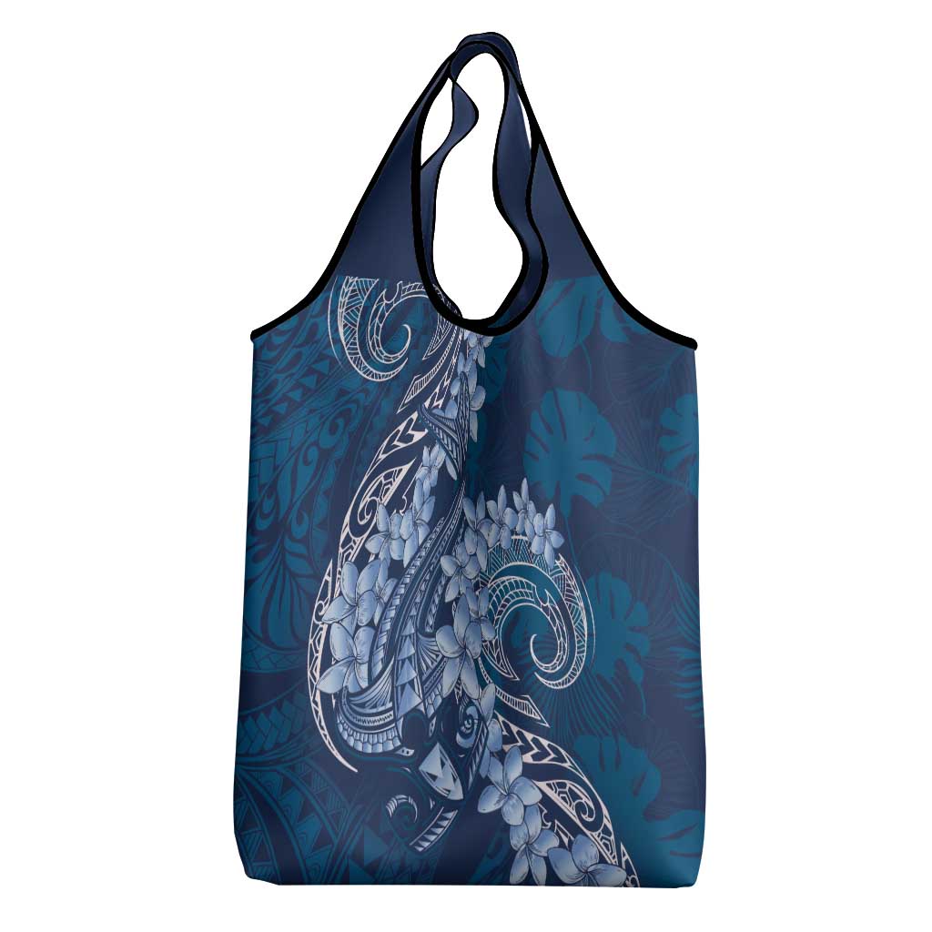 Navy Blue Polynesia Hammerhead Shark Tattoo With Plumeria Lei Grocery Bag