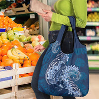 Navy Blue Polynesia Hammerhead Shark Tattoo With Plumeria Lei Grocery Bag