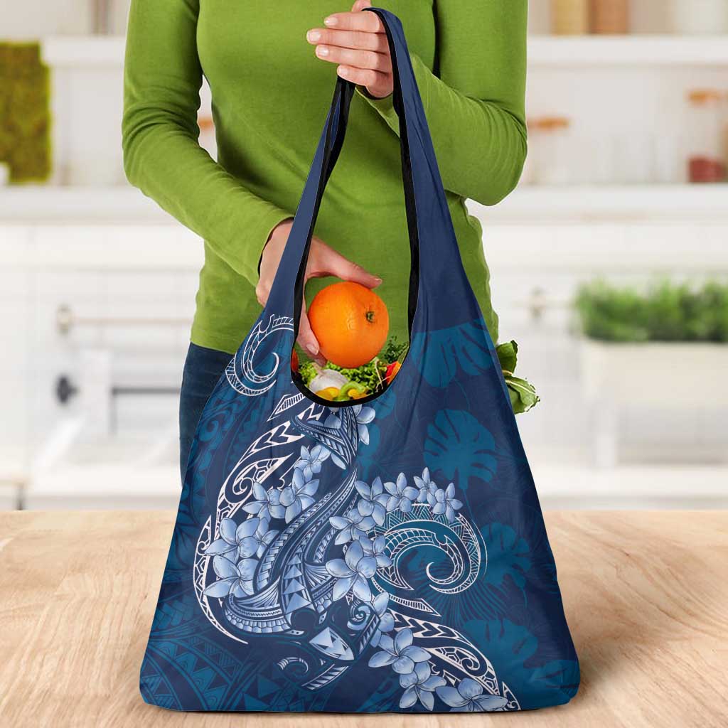 Navy Blue Polynesia Hammerhead Shark Tattoo With Plumeria Lei Grocery Bag