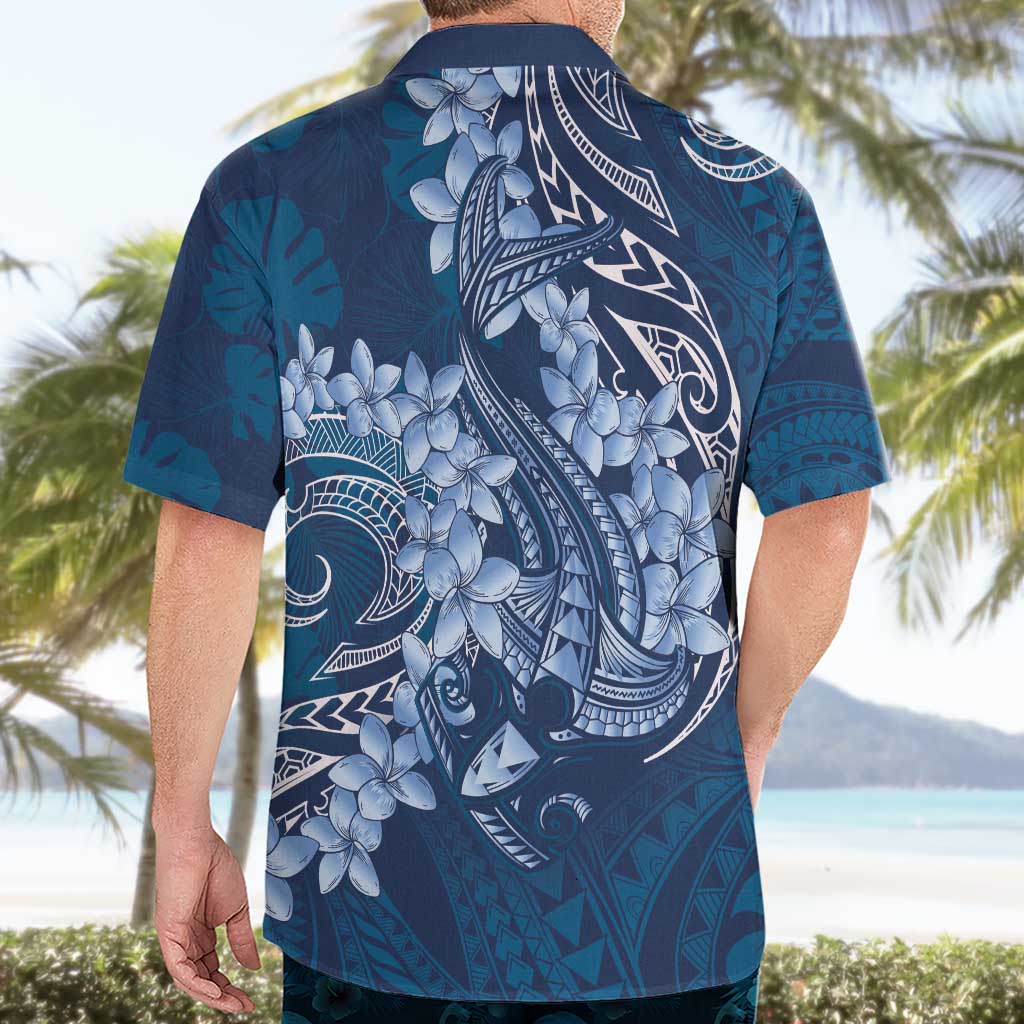 Navy Blue Polynesia Hammerhead Shark Tattoo With Plumeria Lei Hawaiian Shirt