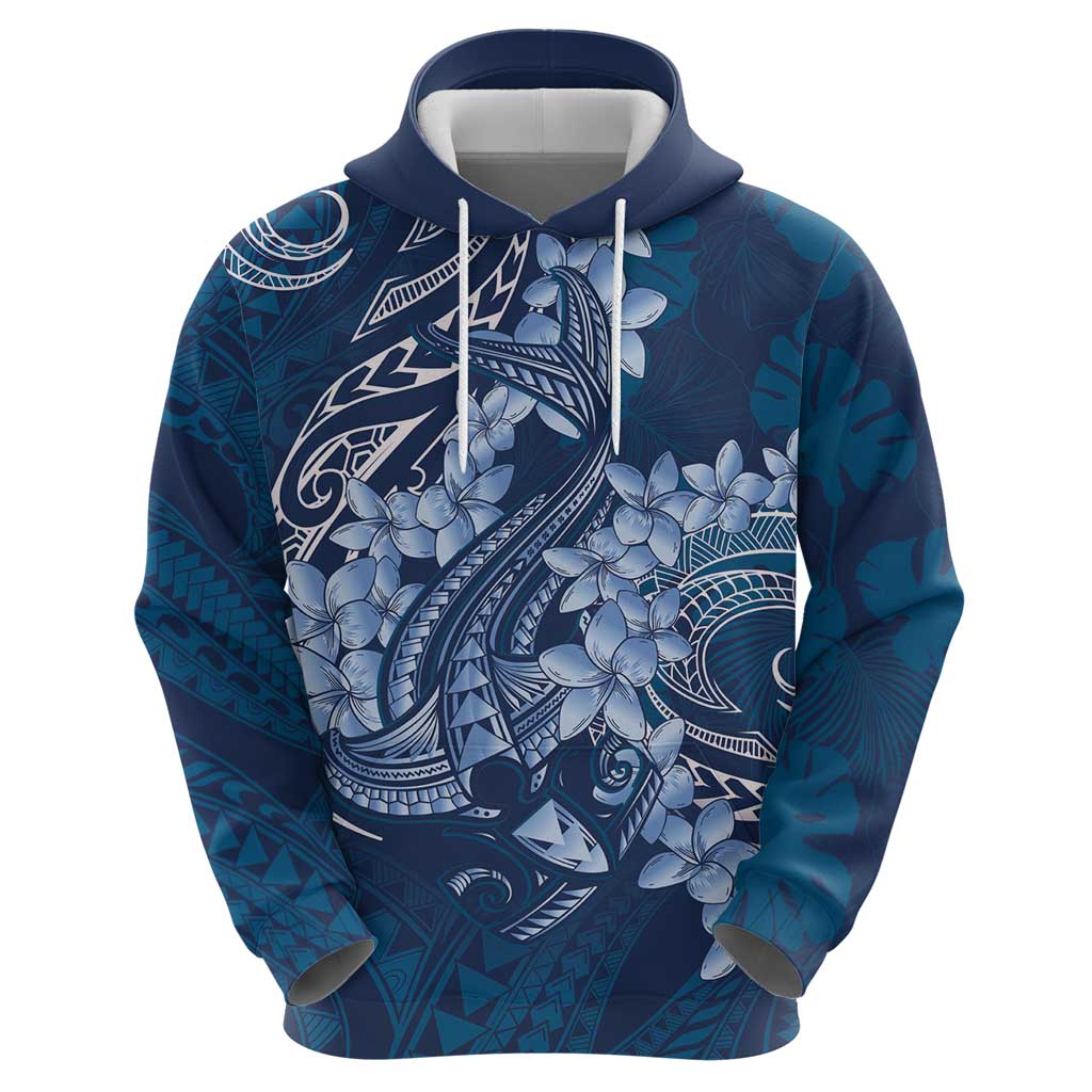 Navy Blue Polynesia Hammerhead Shark Tattoo With Plumeria Lei Hoodie