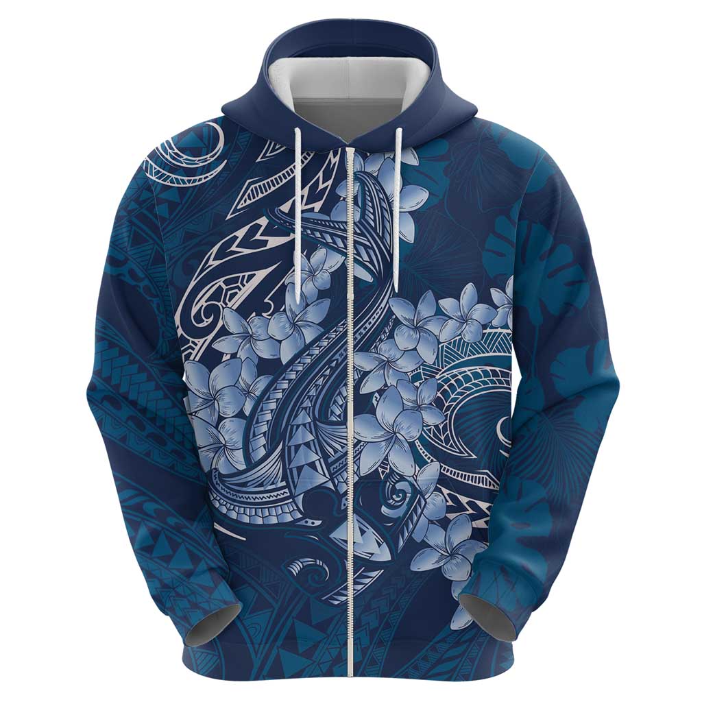 Navy Blue Polynesia Hammerhead Shark Tattoo With Plumeria Lei Hoodie