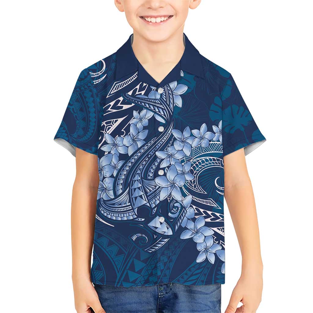 Navy Blue Polynesia Hammerhead Shark Tattoo With Plumeria Lei Kid Hawaiian Shirt