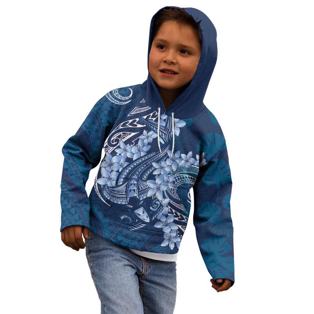 Navy Blue Polynesia Hammerhead Shark Tattoo With Plumeria Lei Kid Hoodie