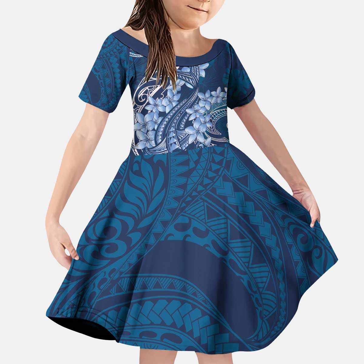 Navy Blue Polynesia Hammerhead Shark Tattoo With Plumeria Lei Kid Short Sleeve Dress
