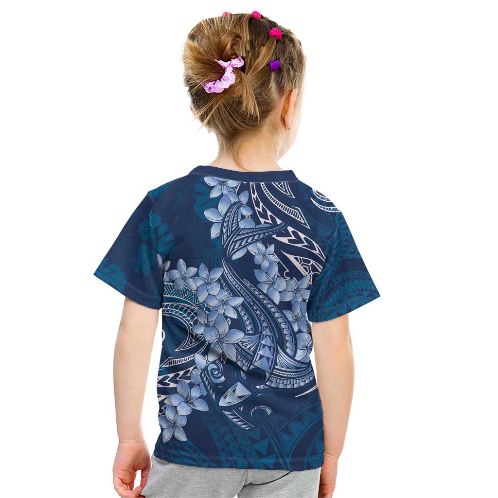 Navy Blue Polynesia Hammerhead Shark Tattoo With Plumeria Lei Kid T Shirt