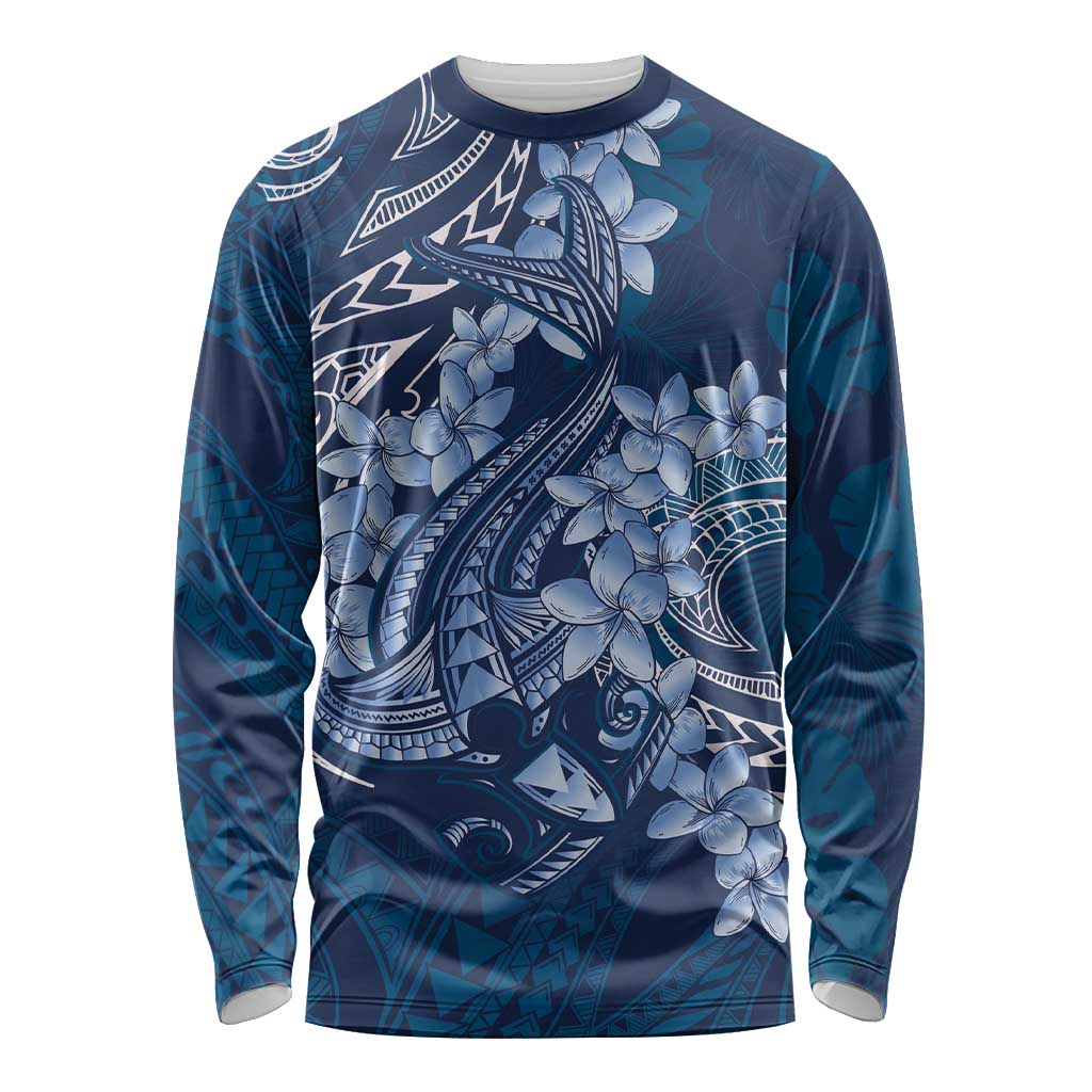 Navy Blue Polynesia Hammerhead Shark Tattoo With Plumeria Lei Long Sleeve Shirt