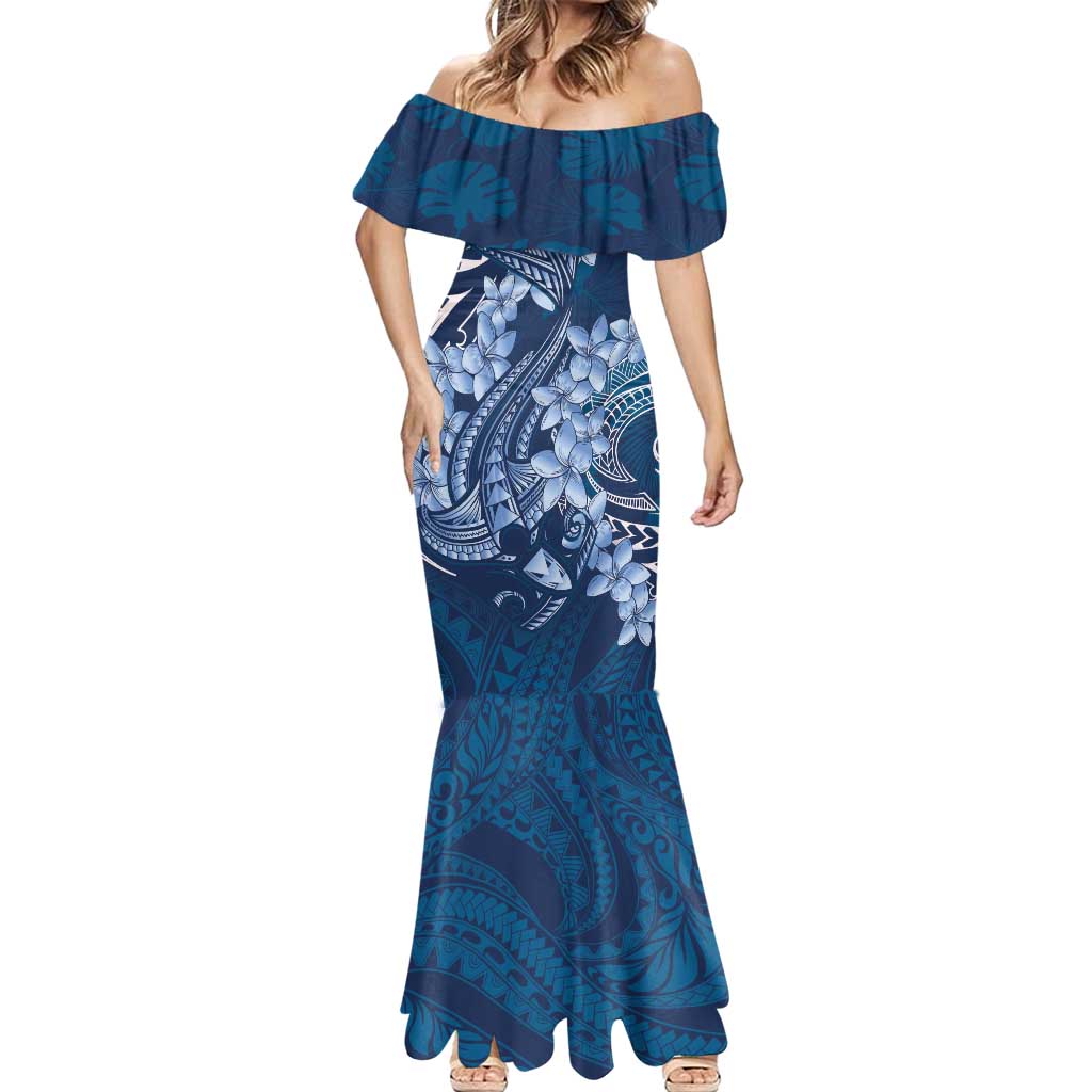 Navy Blue Polynesia Hammerhead Shark Tattoo With Plumeria Lei Mermaid Dress