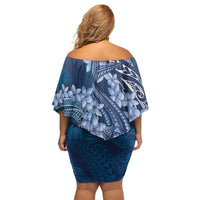 Navy Blue Polynesia Hammerhead Shark Tattoo With Plumeria Lei Off Shoulder Short Dress