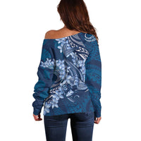 Navy Blue Polynesia Hammerhead Shark Tattoo With Plumeria Lei Off Shoulder Sweater