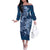 Navy Blue Polynesia Hammerhead Shark Tattoo With Plumeria Lei Off The Shoulder Long Sleeve Dress