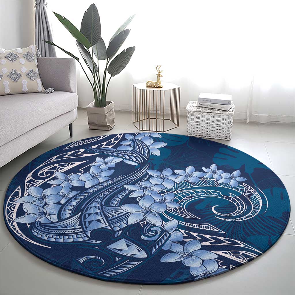 Navy Blue Polynesia Hammerhead Shark Tattoo With Plumeria Lei Round Carpet