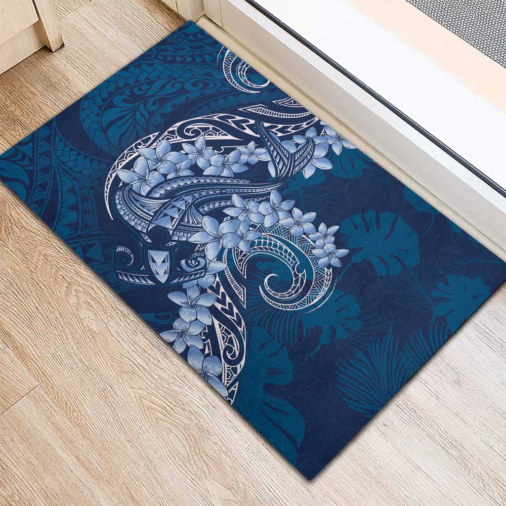 Navy Blue Polynesia Hammerhead Shark Tattoo With Plumeria Lei Rubber Doormat