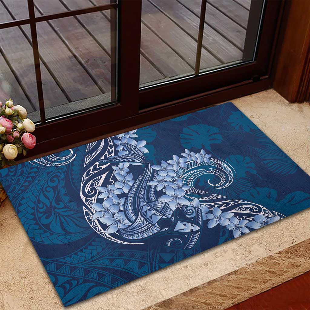 Navy Blue Polynesia Hammerhead Shark Tattoo With Plumeria Lei Rubber Doormat