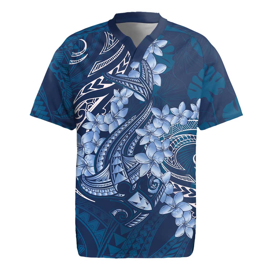 Navy Blue Polynesia Hammerhead Shark Tattoo With Plumeria Lei Rugby Jersey