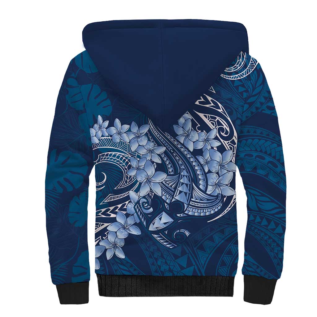 Navy Blue Polynesia Hammerhead Shark Tattoo With Plumeria Lei Sherpa Hoodie