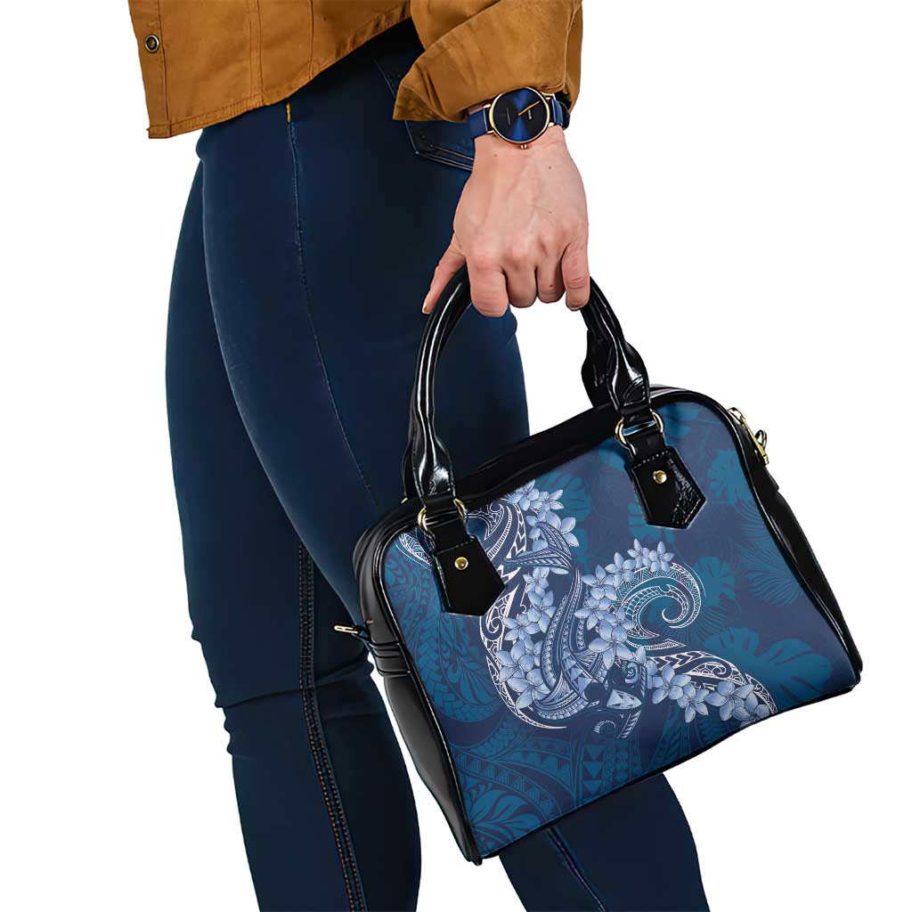 Navy Blue Polynesia Hammerhead Shark Tattoo With Plumeria Lei Shoulder Handbag