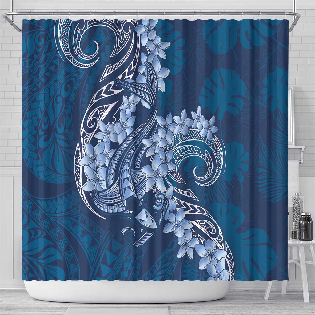 Navy Blue Polynesia Hammerhead Shark Tattoo With Plumeria Lei Shower Curtain