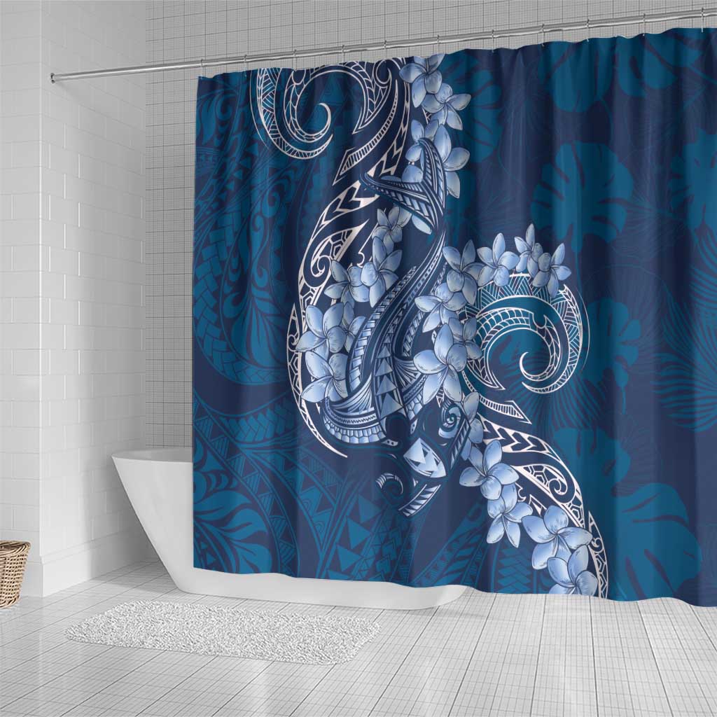 Navy Blue Polynesia Hammerhead Shark Tattoo With Plumeria Lei Shower Curtain