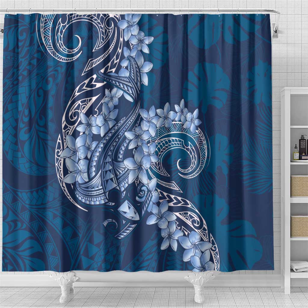 Navy Blue Polynesia Hammerhead Shark Tattoo With Plumeria Lei Shower Curtain