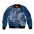 Navy Blue Polynesia Hammerhead Shark Tattoo With Plumeria Lei Sleeve Zip Bomber Jacket