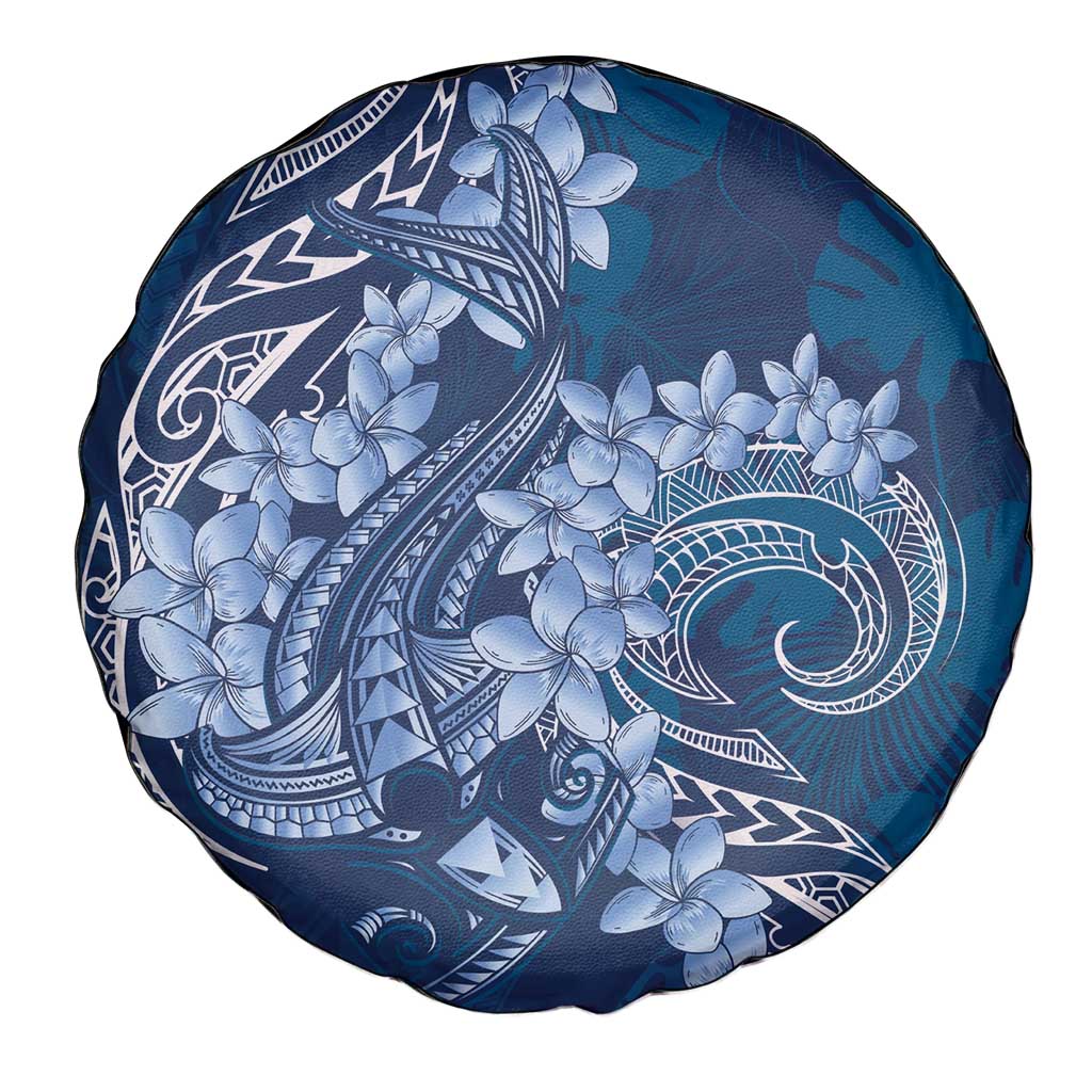Navy Blue Polynesia Hammerhead Shark Tattoo With Plumeria Lei Spare Tire Cover