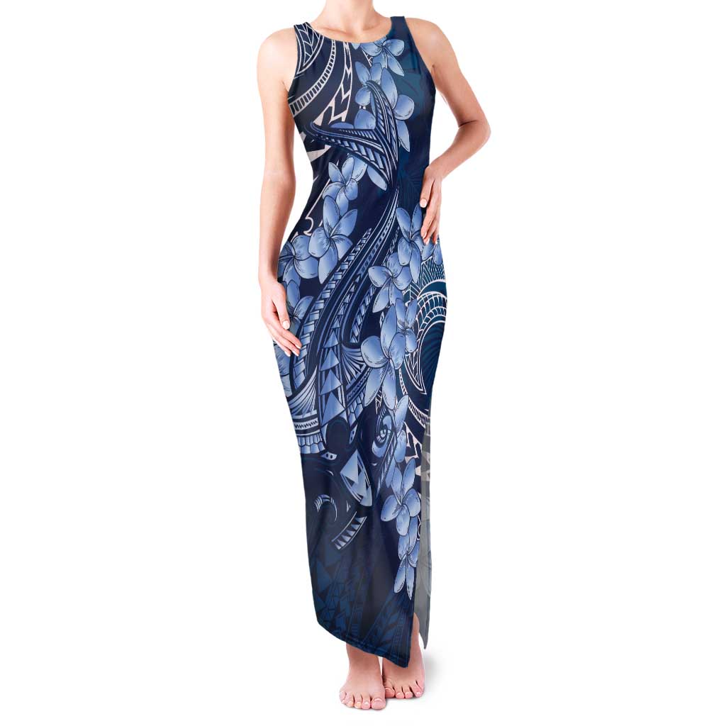 Navy Blue Polynesia Hammerhead Shark Tattoo With Plumeria Lei Tank Maxi Dress