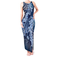 Navy Blue Polynesia Hammerhead Shark Tattoo With Plumeria Lei Tank Maxi Dress