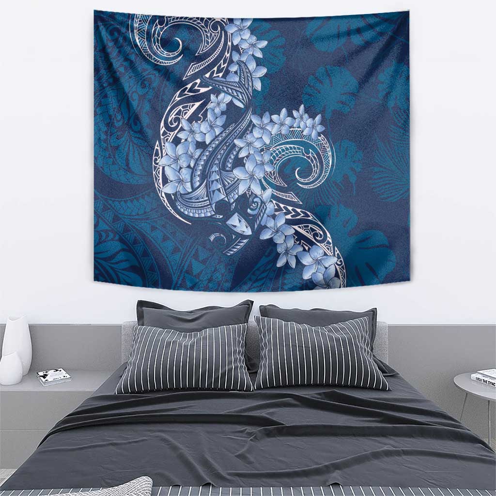 Navy Blue Polynesia Hammerhead Shark Tattoo With Plumeria Lei Tapestry